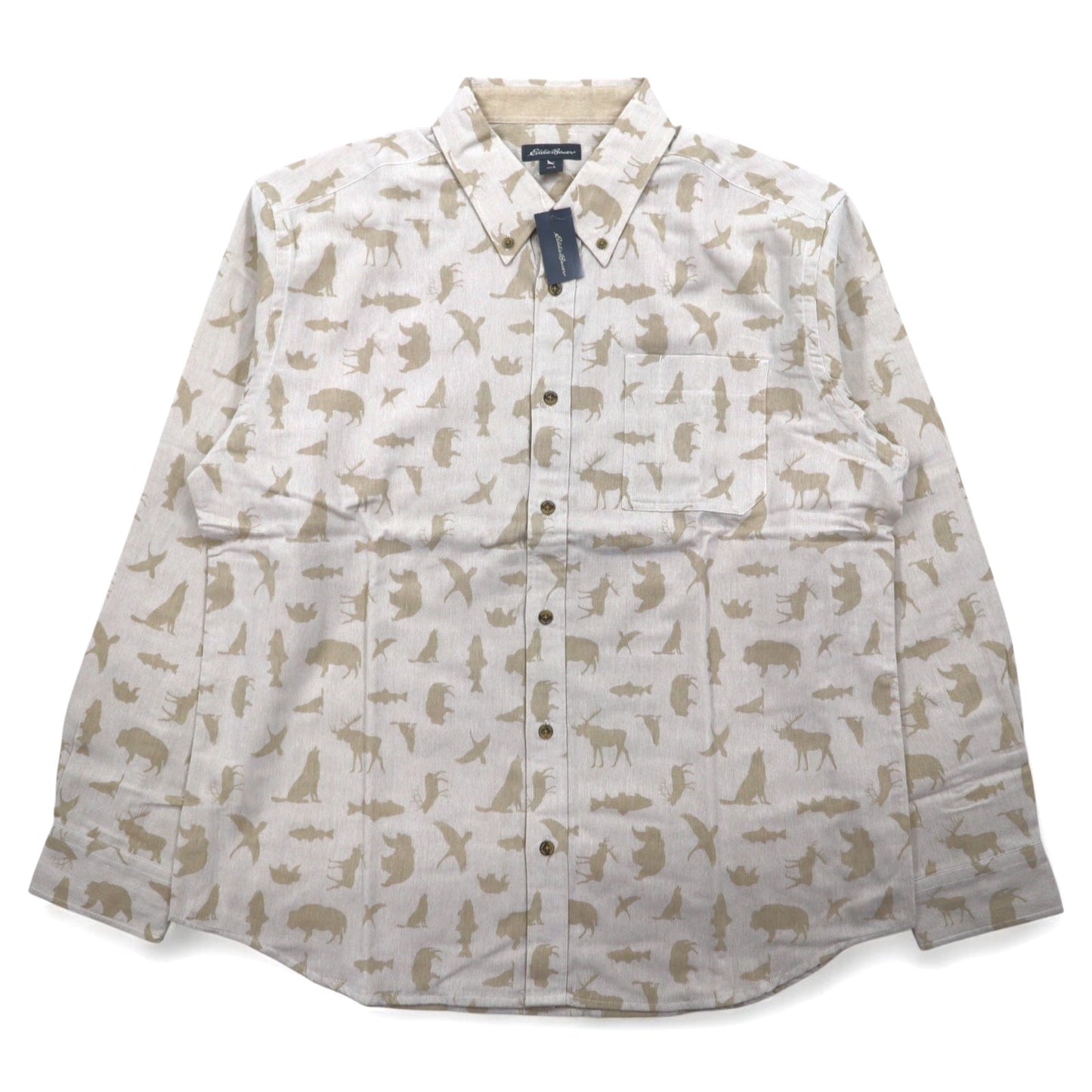 Eddie Bauer ボタンダウンシャツ L ベージュ コットン 総柄 アニマル 未使用品