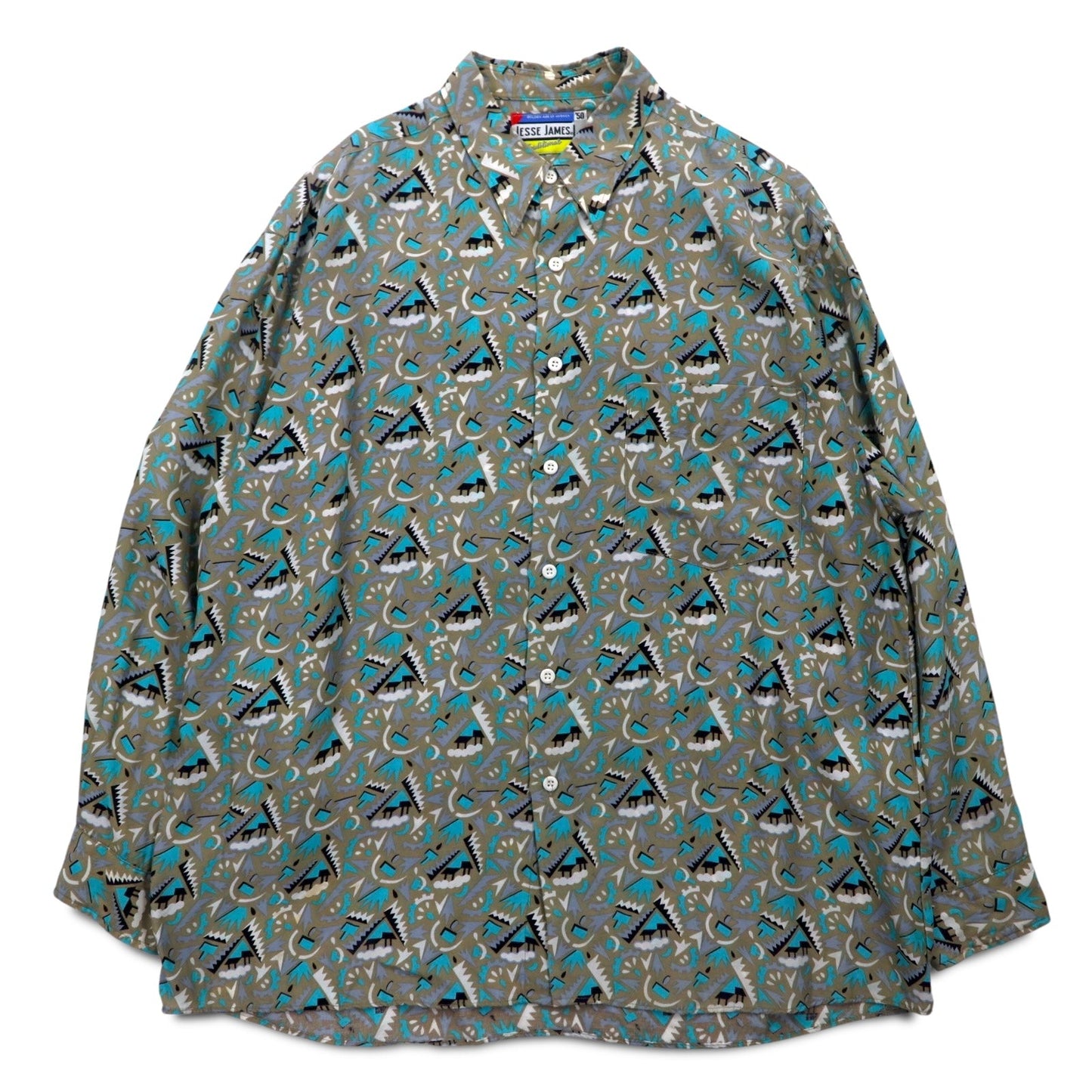 Vintage 90s Retro Shirt JESSE JAMES 総柄 シャツ L グレー キュプラ 胸ポケット