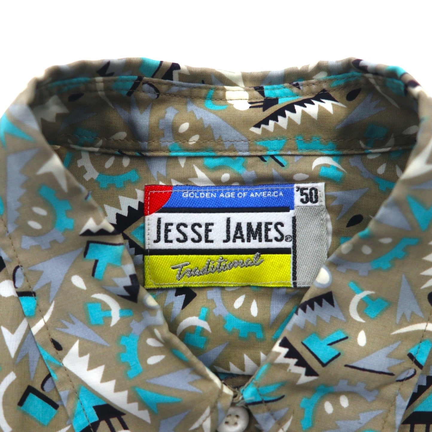 Vintage 90s Retro Shirt JESSE JAMES 総柄 シャツ L グレー キュプラ 胸ポケット