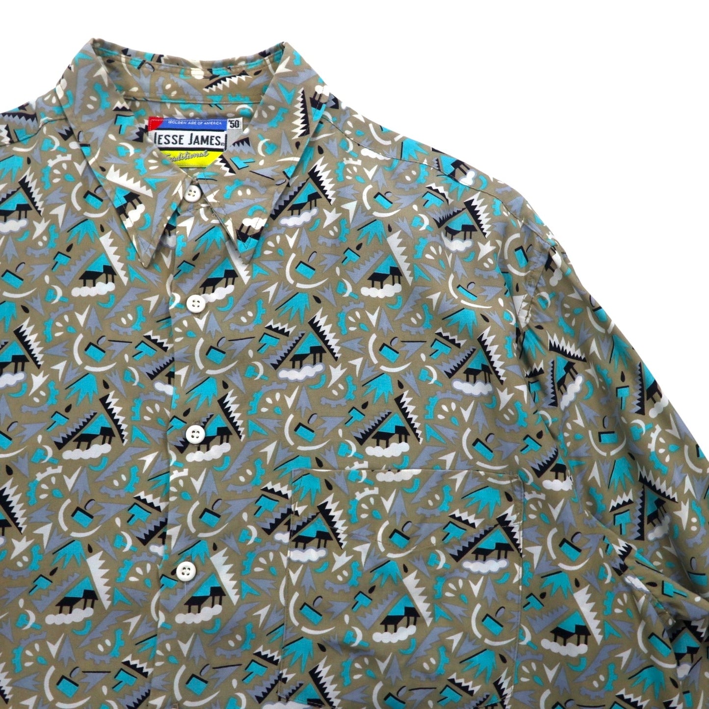 Vintage 90s Retro Shirt JESSE JAMES 総柄 シャツ L グレー キュプラ 胸ポケット