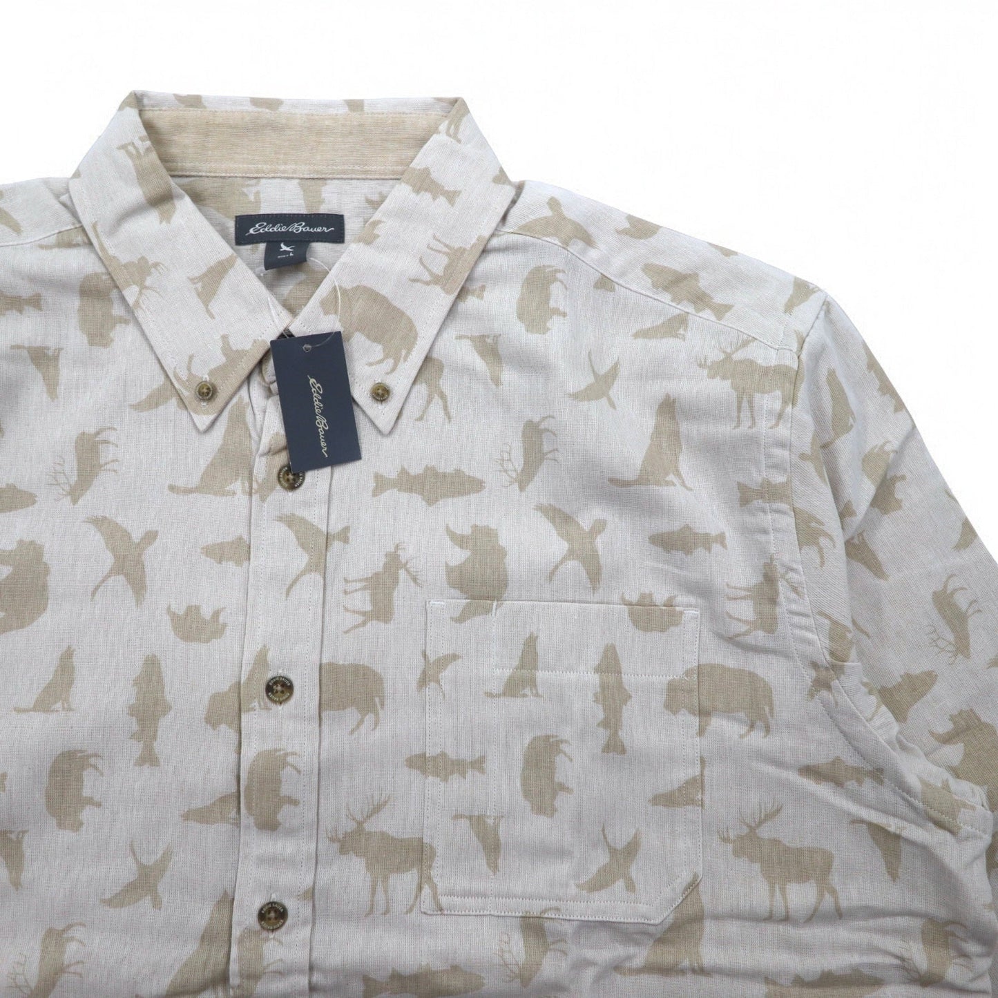 Eddie Bauer ボタンダウンシャツ L ベージュ コットン 総柄 アニマル 未使用品
