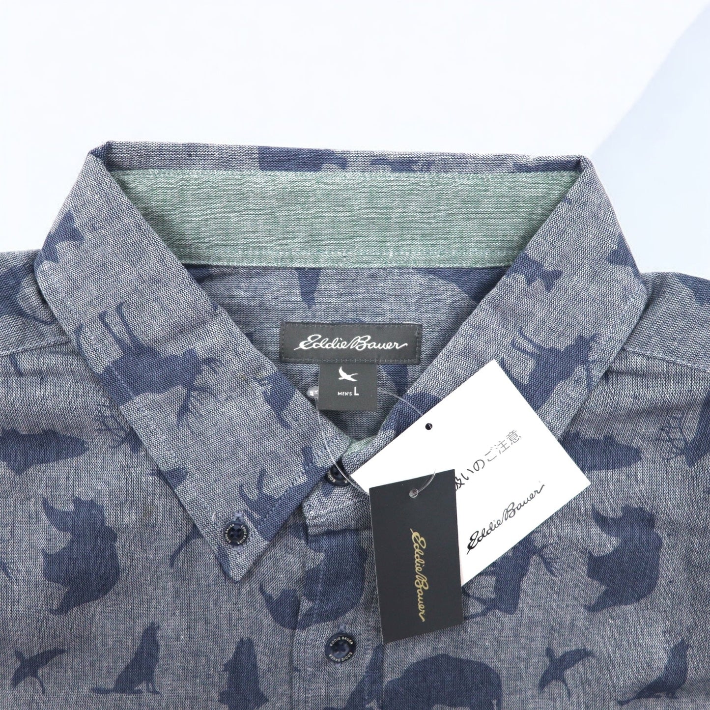 Eddie Bauer ボタンダウンシャツ L ネイビー コットン 総柄 アニマル 未使用品