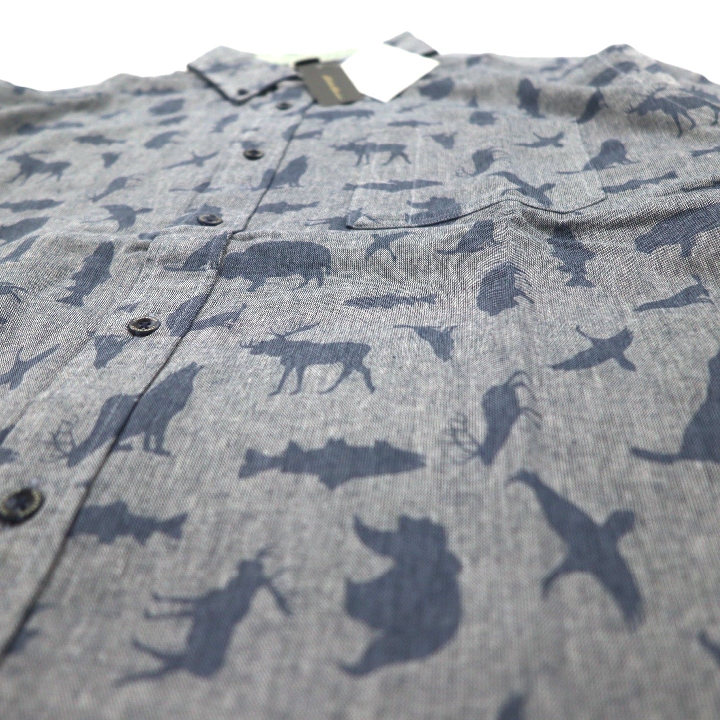Eddie Bauer ボタンダウンシャツ L ネイビー コットン 総柄 アニマル 未使用品