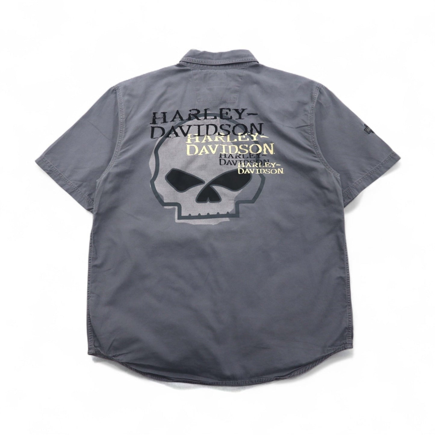 HARLEY DAVIDSON スカルプリント 半袖 ワークシャツ L グレー バックプリント ダブルポケット