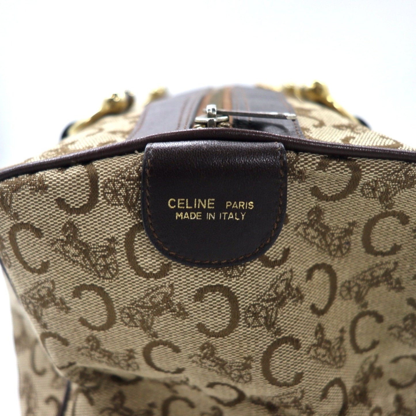 CELINE イタリア製 オールド Cマカダム ミニ ボストンバッグ ブラウン キャンバス レザー サルキー 馬車