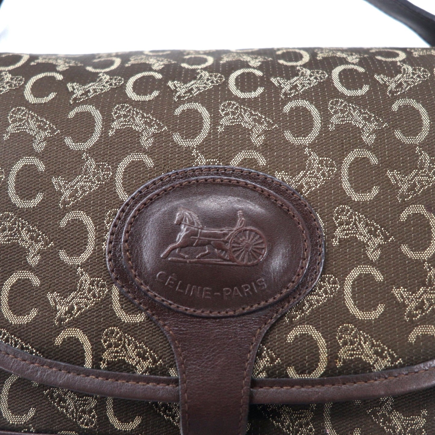 CELINE イタリア製 オールド Cマカダム ショルダーバッグ ブラウン キャンバス レザー サルキー 馬車
