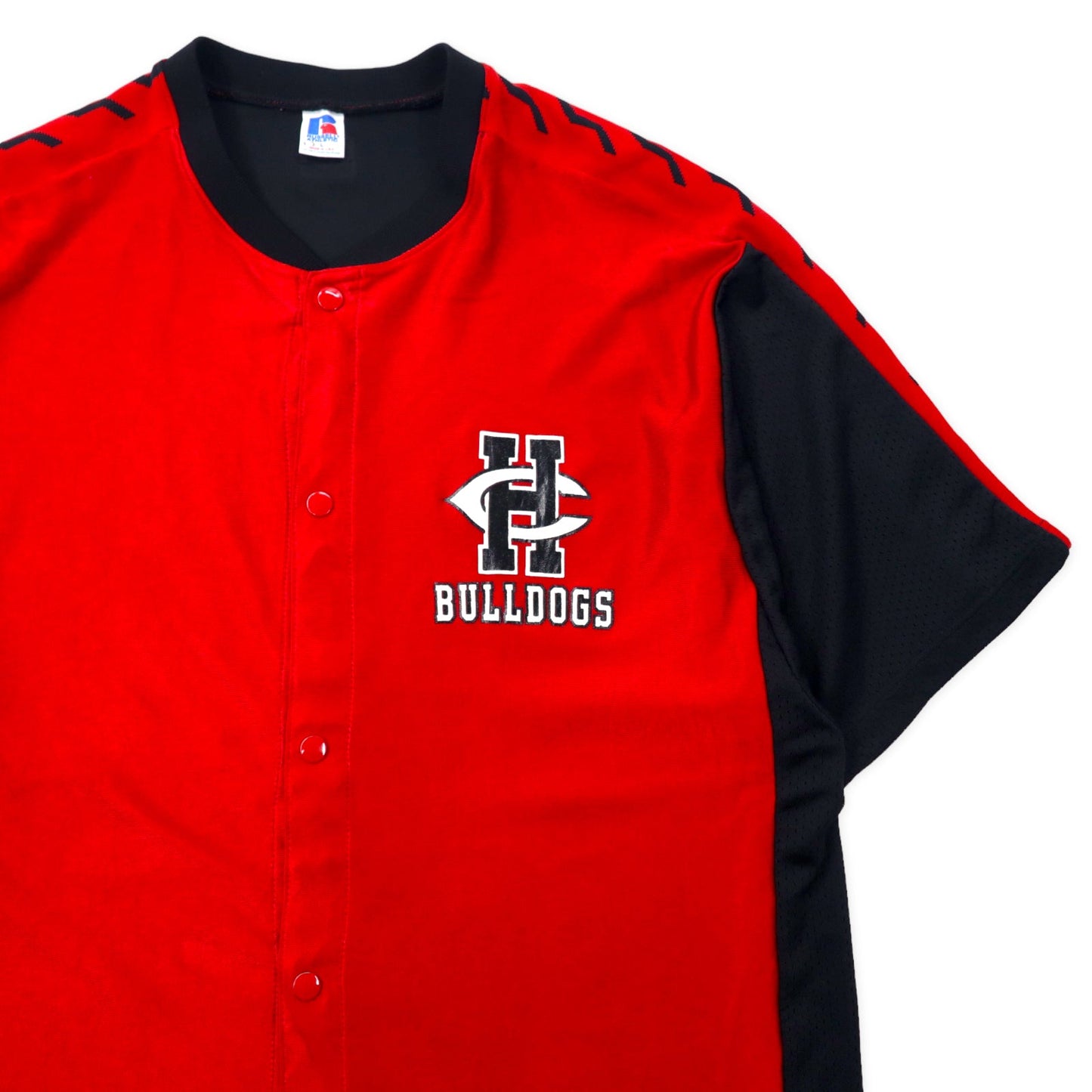 RUSSELL ATHLETIC USA製 90年代 ベースボールシャツ ゲームシャツ L レッド ブラック ナイロン スナップボタン BULLDOGS ビッグサイズ
