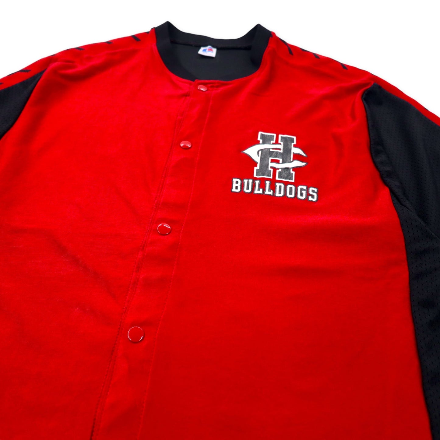 RUSSELL ATHLETIC USA製 90年代 ベースボールシャツ ゲームシャツ L レッド ブラック ナイロン スナップボタン BULLDOGS ビッグサイズ
