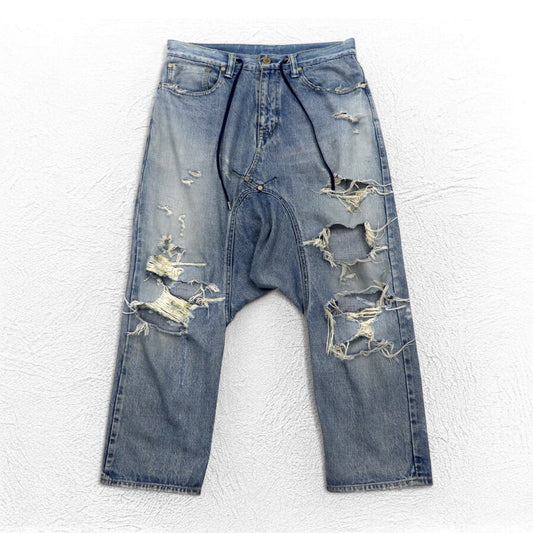 FUMITO GANRYU サルエル セルビッジ デニムパンツ M ダメージ クラッシュ加工 インディゴ ブルー  5-Pocket Sarrouel Pants 日本製