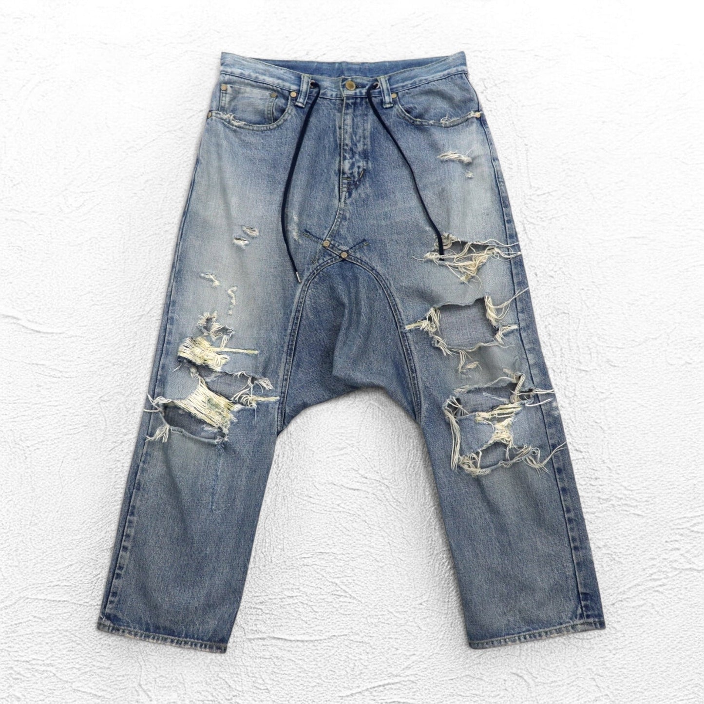 FUMITO GANRYU サルエル セルビッジ デニムパンツ M ダメージ クラッシュ加工 インディゴ ブルー  5-Pocket Sarrouel Pants 日本製