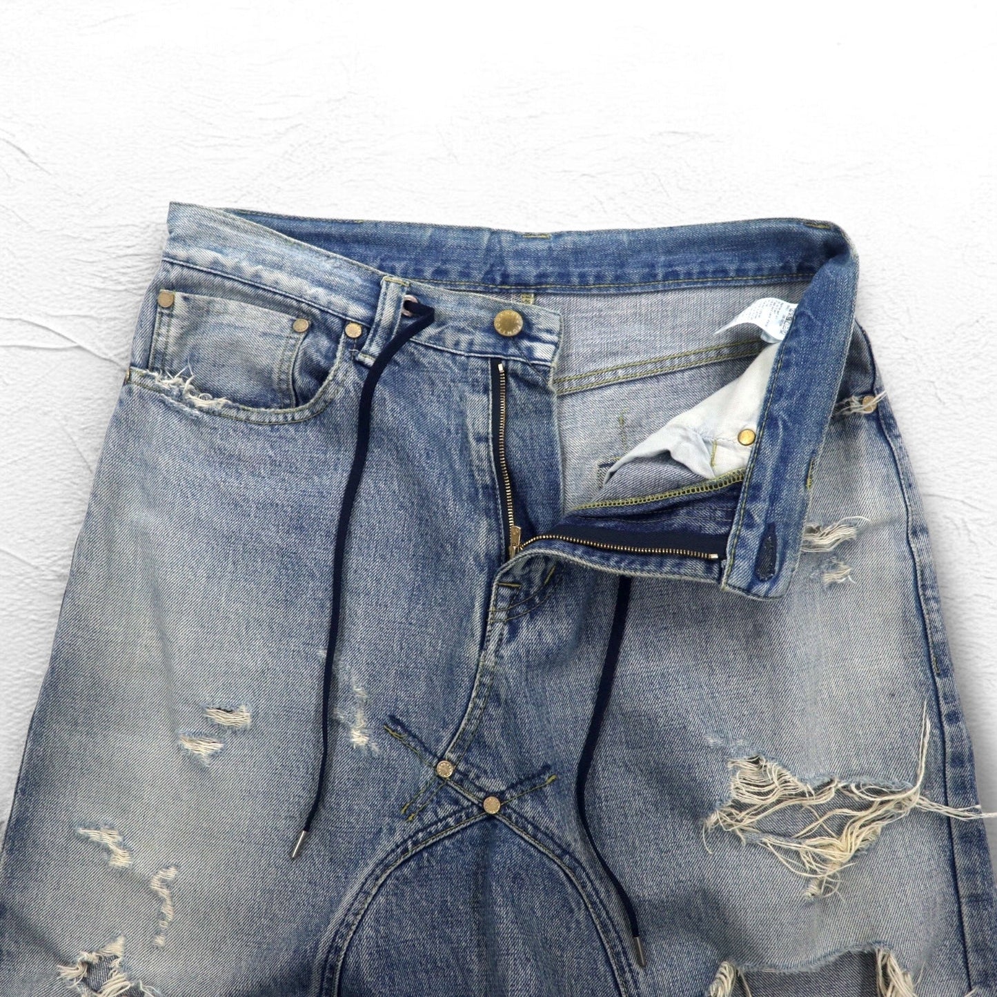 FUMITO GANRYU サルエル セルビッジ デニムパンツ M ダメージ クラッシュ加工 インディゴ ブルー  5-Pocket Sarrouel Pants 日本製