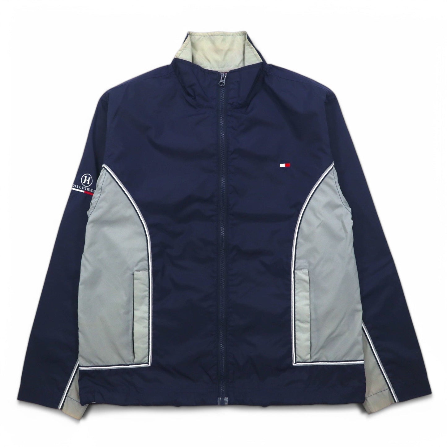 TOMMY HILFIGER 90年代 スタンドカラー ナイロンジャケット M ネイビー グレー リフレクター ライン