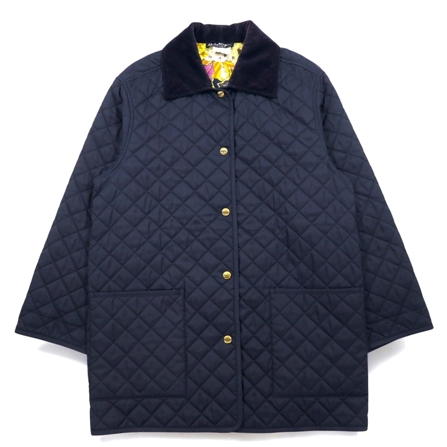 Salvatore Ferragamo イタリア製 キルティングジャケット L ネイビー ポリエステル 襟コーデュロイ 裏地スカーフ