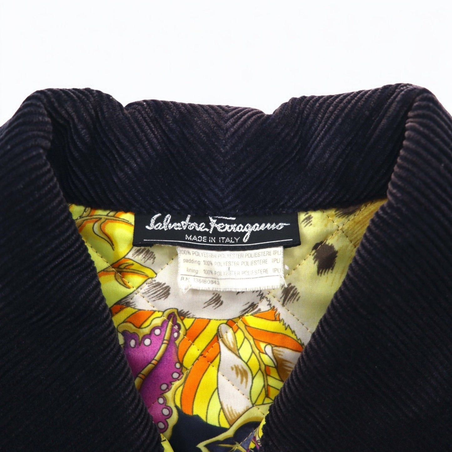 Salvatore Ferragamo イタリア製 キルティングジャケット L ネイビー ポリエステル 襟コーデュロイ 裏地スカーフ