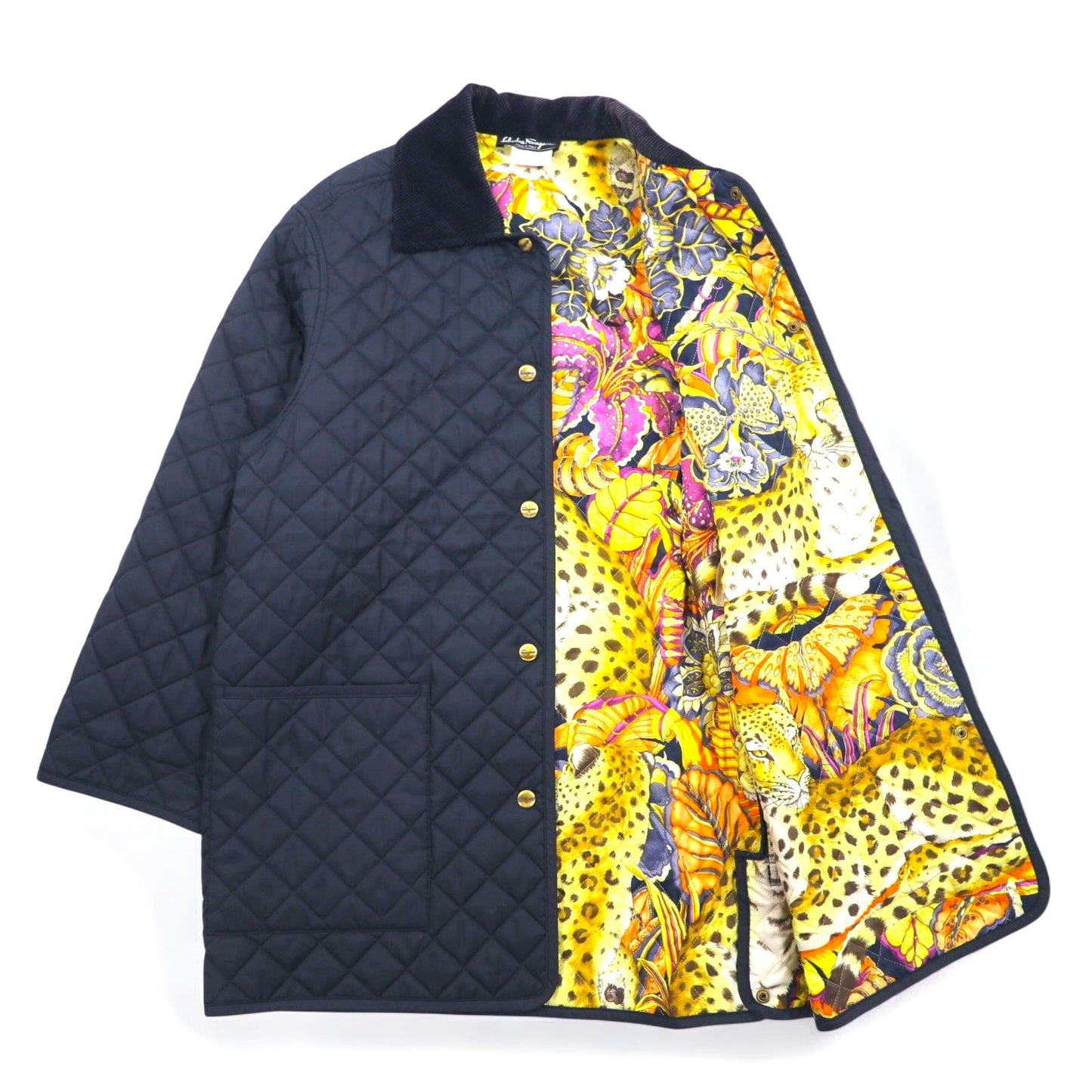 Salvatore Ferragamo イタリア製 キルティングジャケット L ネイビー ポリエステル 襟コーデュロイ 裏地スカーフ