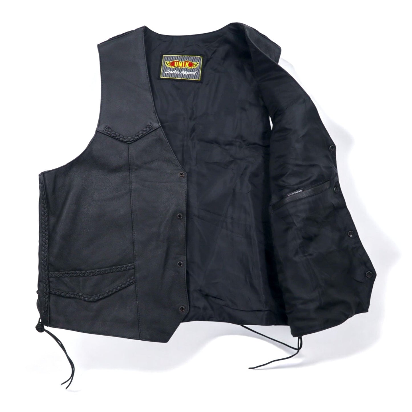 90年代 UNIK Leather Apparel レザーベスト バイカーベスト XL ブラック スナップボタン レースアップ 編み上げ