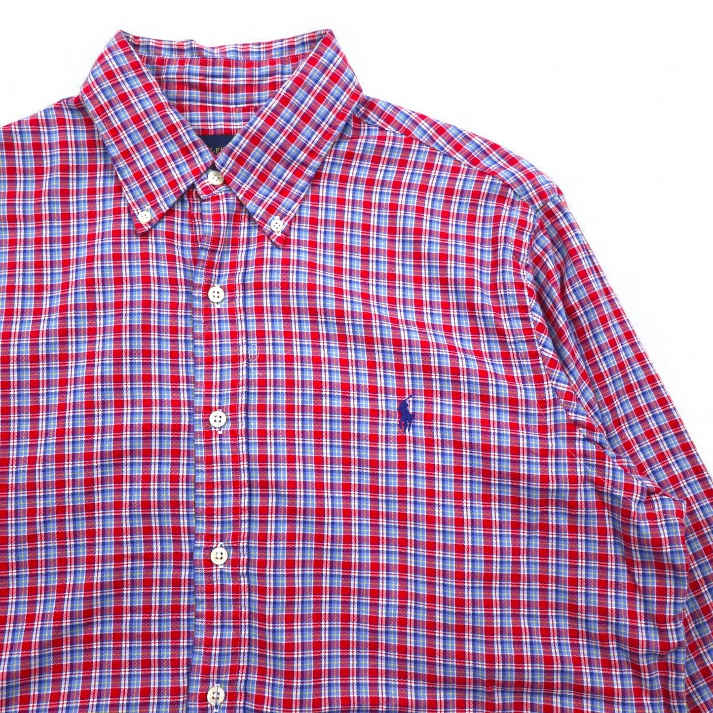 RALPH LAUREN ボタンダウンシャツ L ブルー レッド チェック コットン スモールポニー刺繍