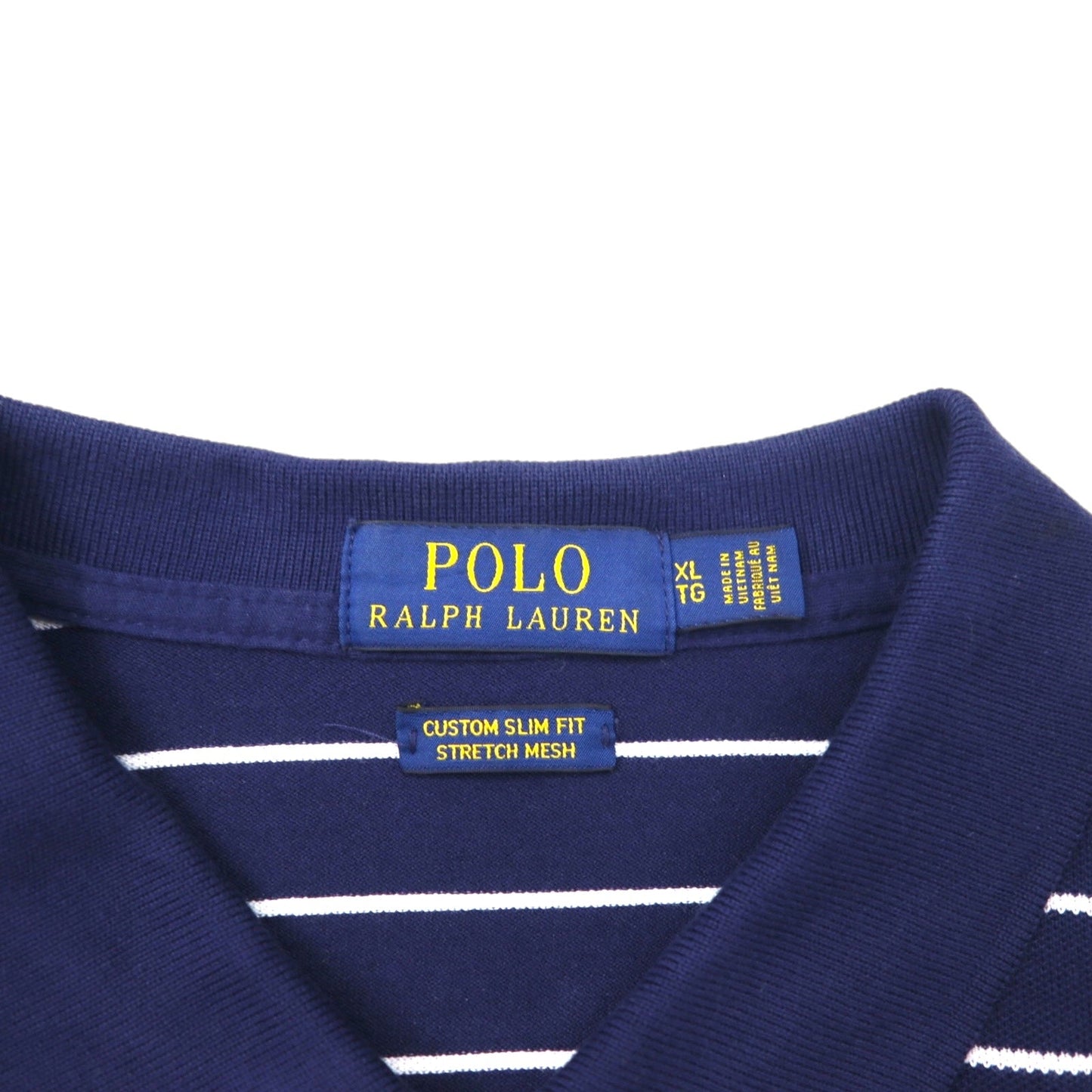 POLO RALPH LAUREN カスタムスリムフィット ストレッチメッシュ ポロシャツ XL ネイビー ボーダー コットン 鹿の子 スモールポニー刺繍