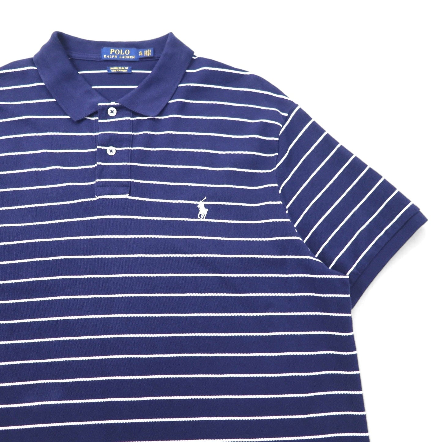 POLO RALPH LAUREN カスタムスリムフィット ストレッチメッシュ ポロシャツ XL ネイビー ボーダー コットン 鹿の子 スモールポニー刺繍
