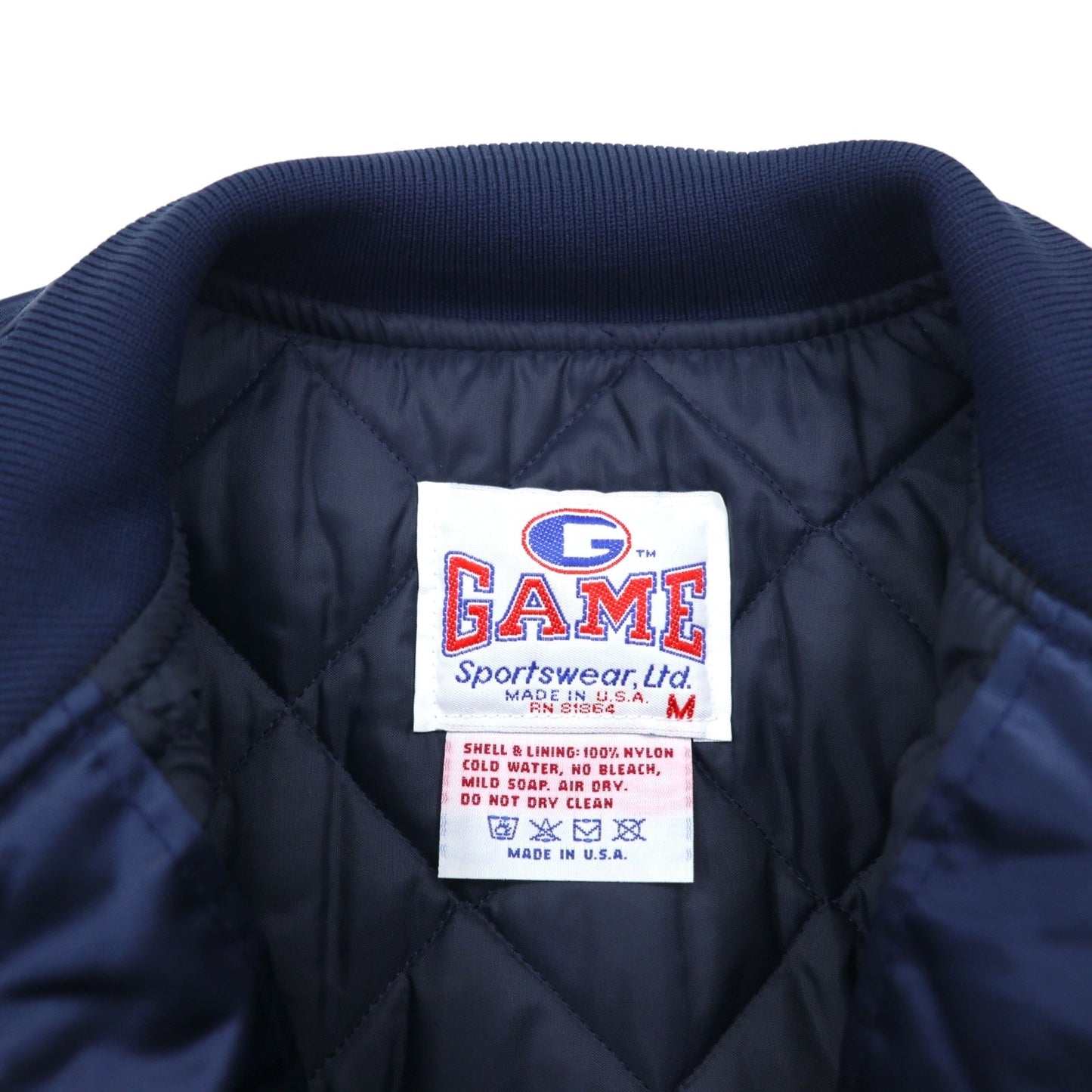 Vintage 90s Made in USA Varsity Jacket GAME Sportswear スタジャン M ネイビー キルティングライナー US企業 刺繍