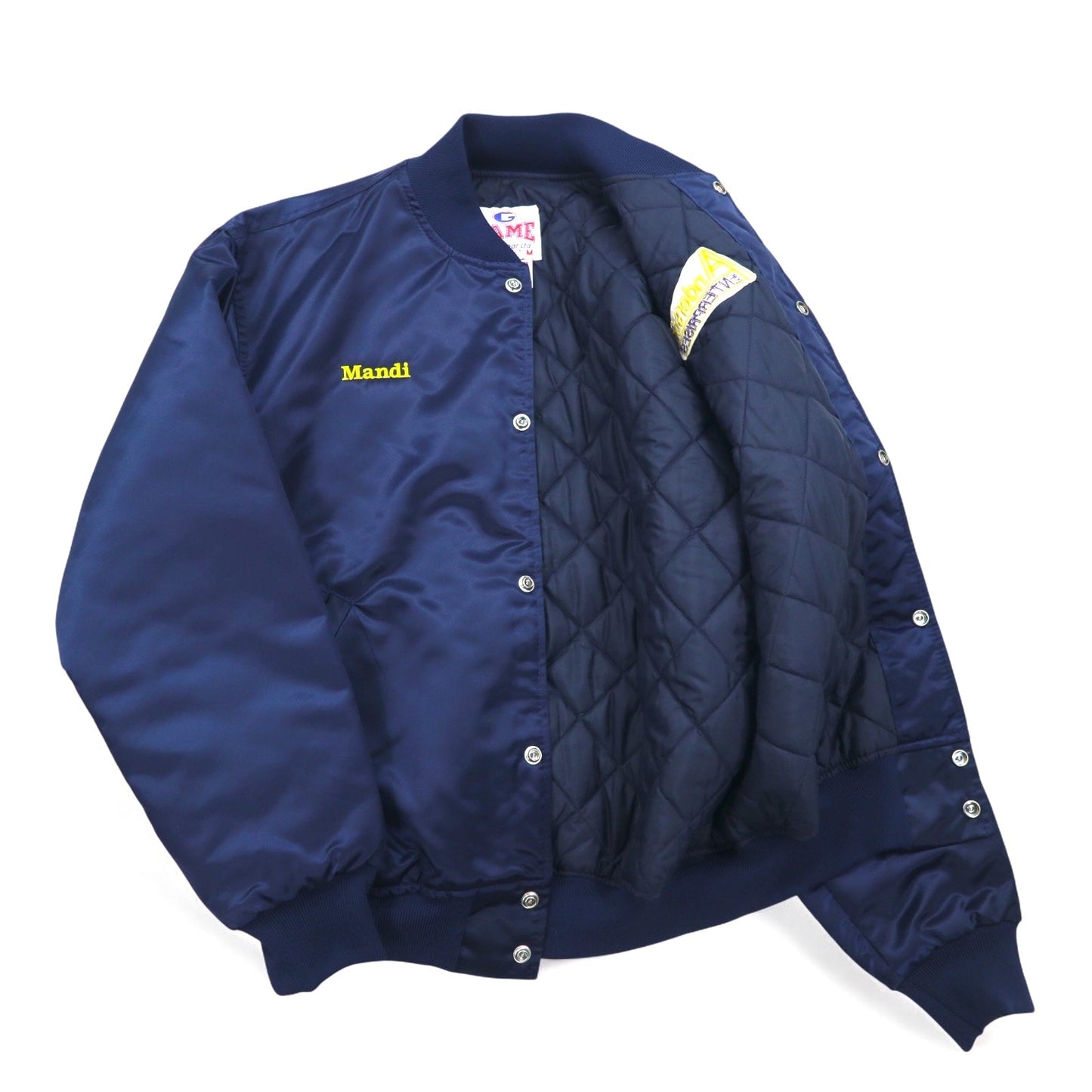 Vintage 90s Made in USA Varsity Jacket GAME Sportswear スタジャン M ネイビー キルティングライナー US企業 刺繍