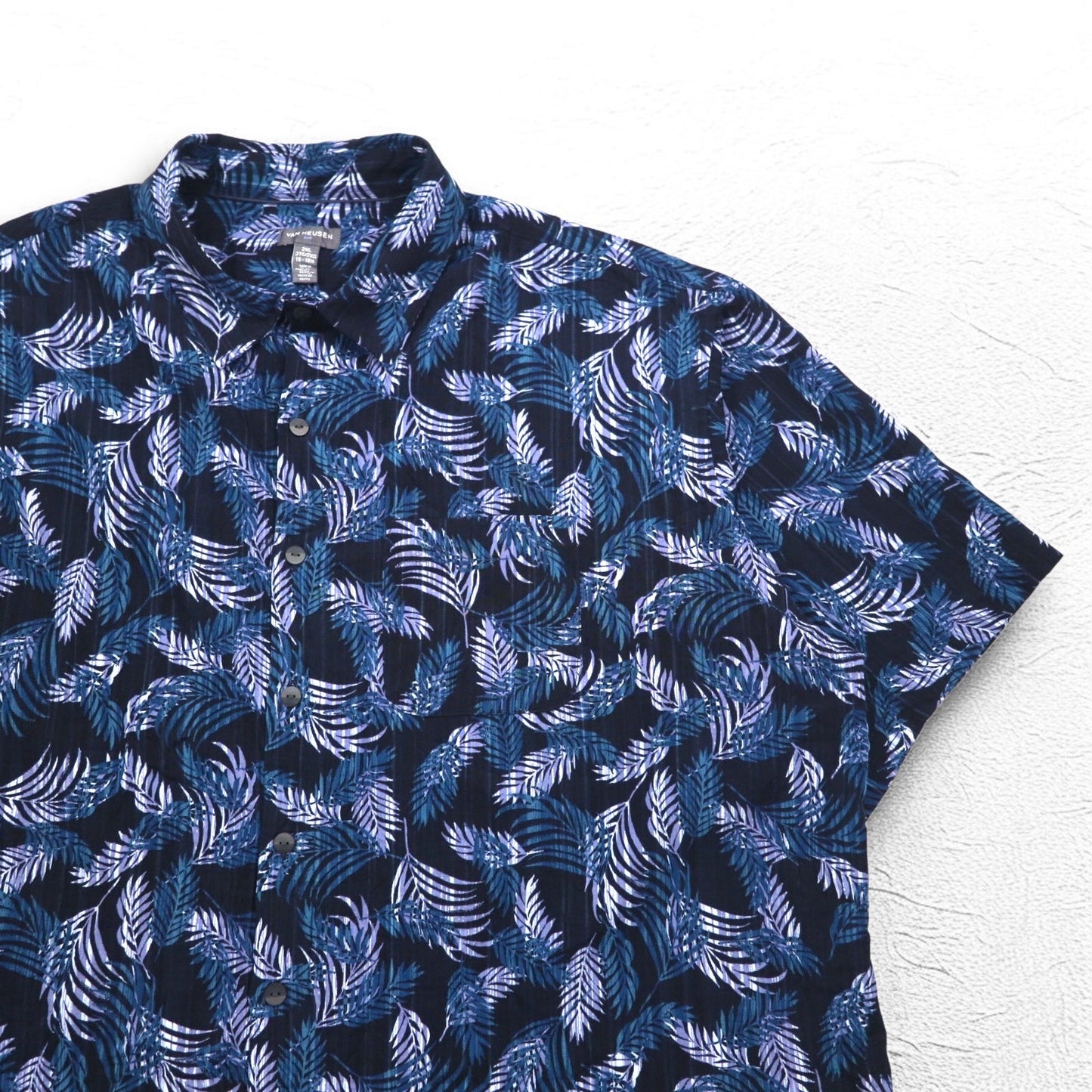 VAN HEUSEN 00年代 アロハシャツ 2XL ネイビー 総柄 ボタニカル リーフ 胸ポケット ビッグサイズ