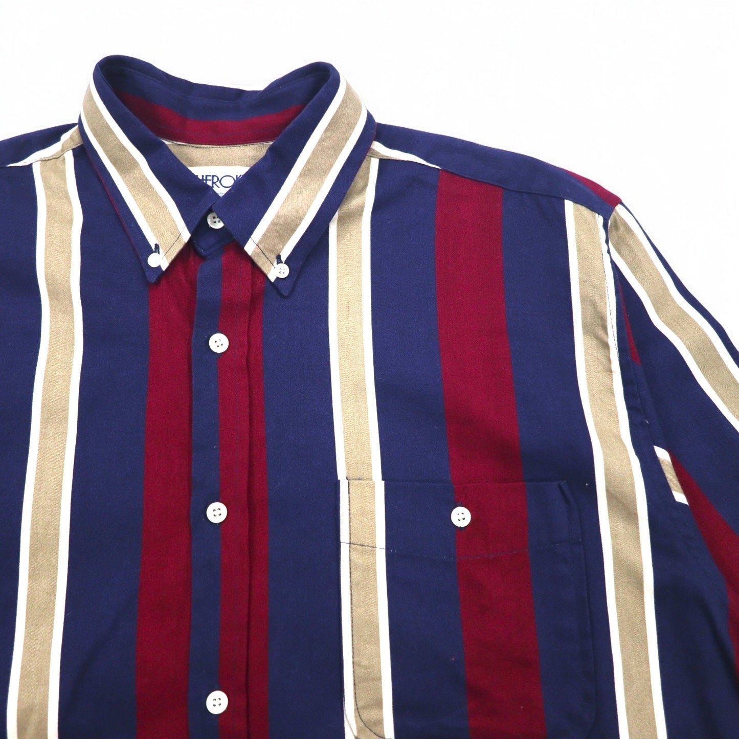 Vintage 90s Stripe Button Down Shirt Shirt CHEROKEE ボタンダウンシャツ L ネイビー ストライプ トルコ製