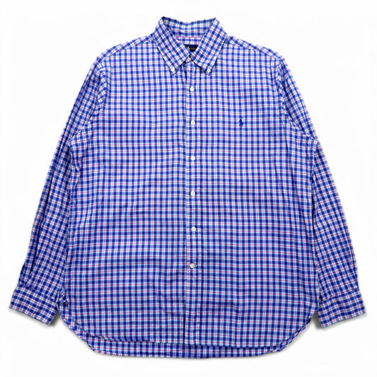 RALPH LAUREN ボタンダウンシャツ L ブルー チェック ビッグサイズ スモールポニー刺繍