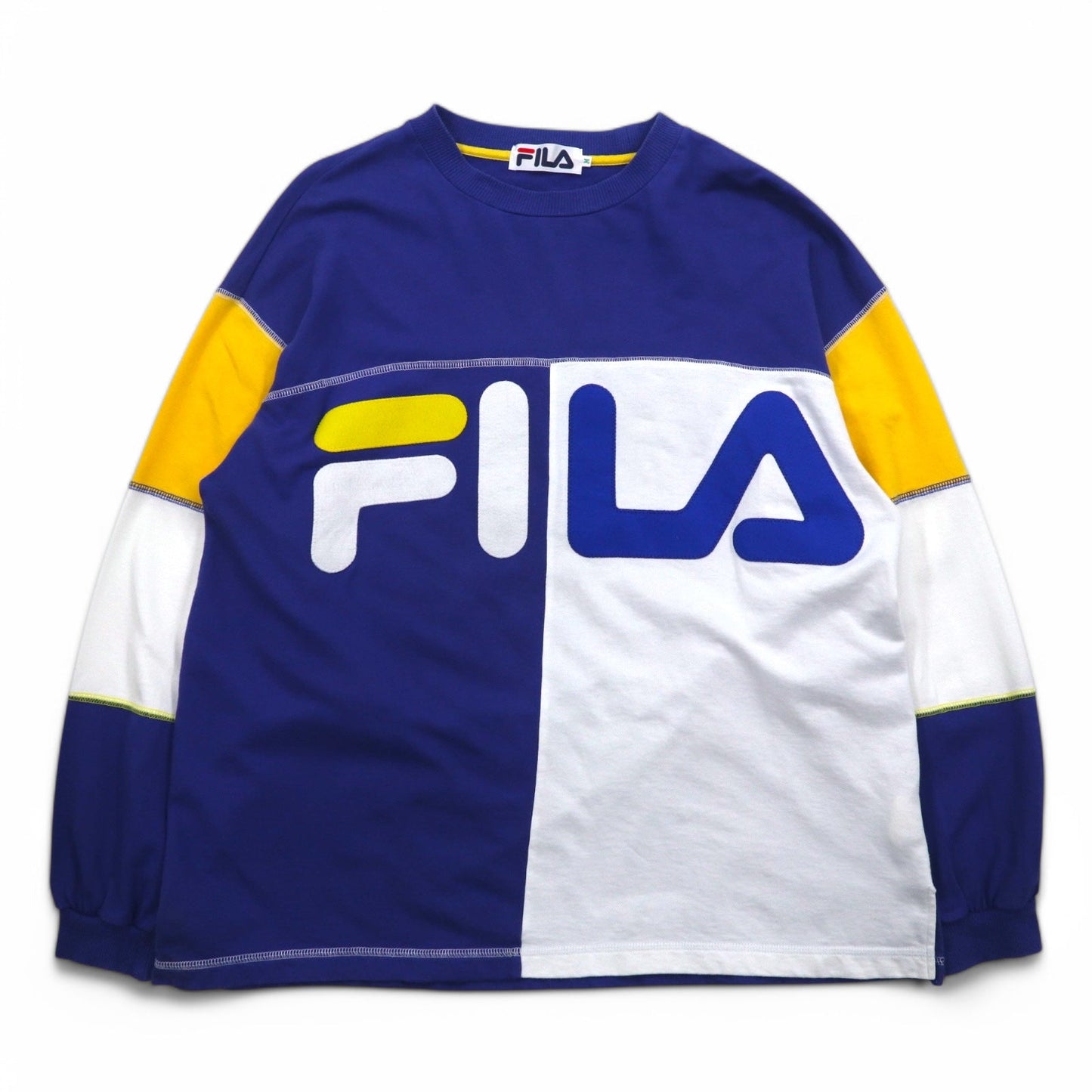 FILA 90年代 カラーブロック ロゴ スウェット M コットン ネイビー イエロー ホワイト