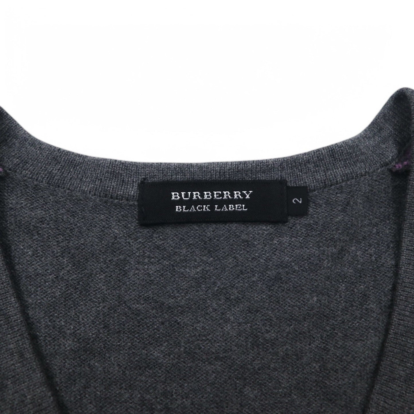 BURBERRY BLACK LABEL Vネック アーガイル ニット セーター M グレー 羊毛 ロゴ刺繍