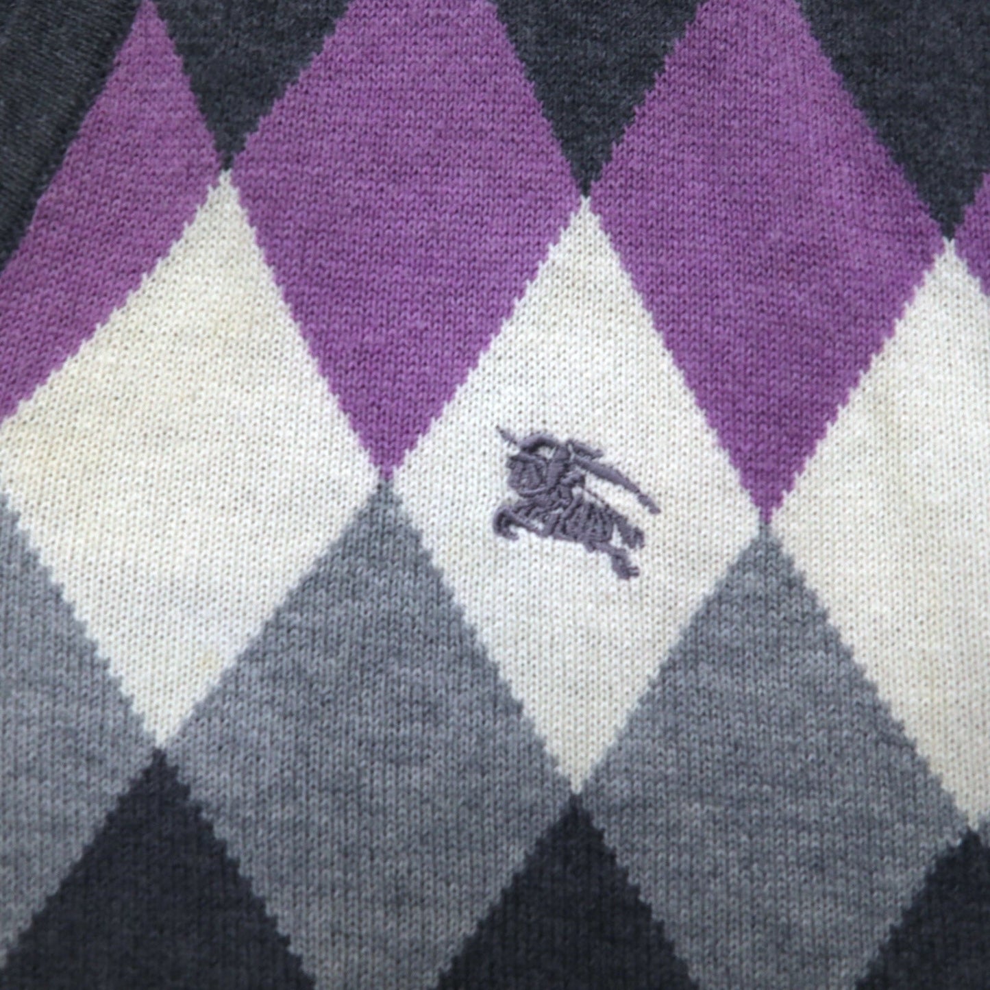 BURBERRY BLACK LABEL Vネック アーガイル ニット セーター M グレー 羊毛 ロゴ刺繍