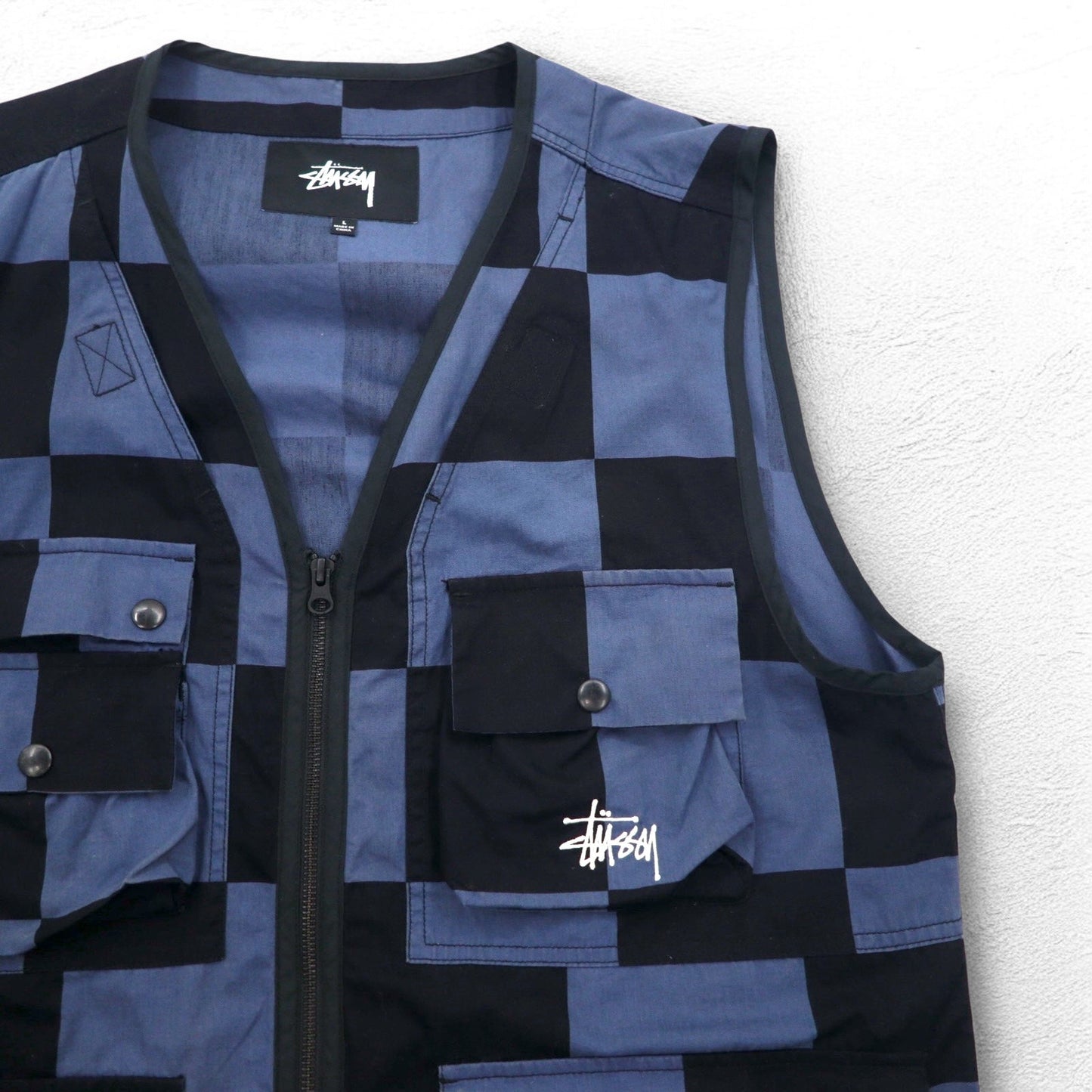 stussy ユーティリティベスト L ブラック ブルー チェック チェッカーフラッグ コットン
