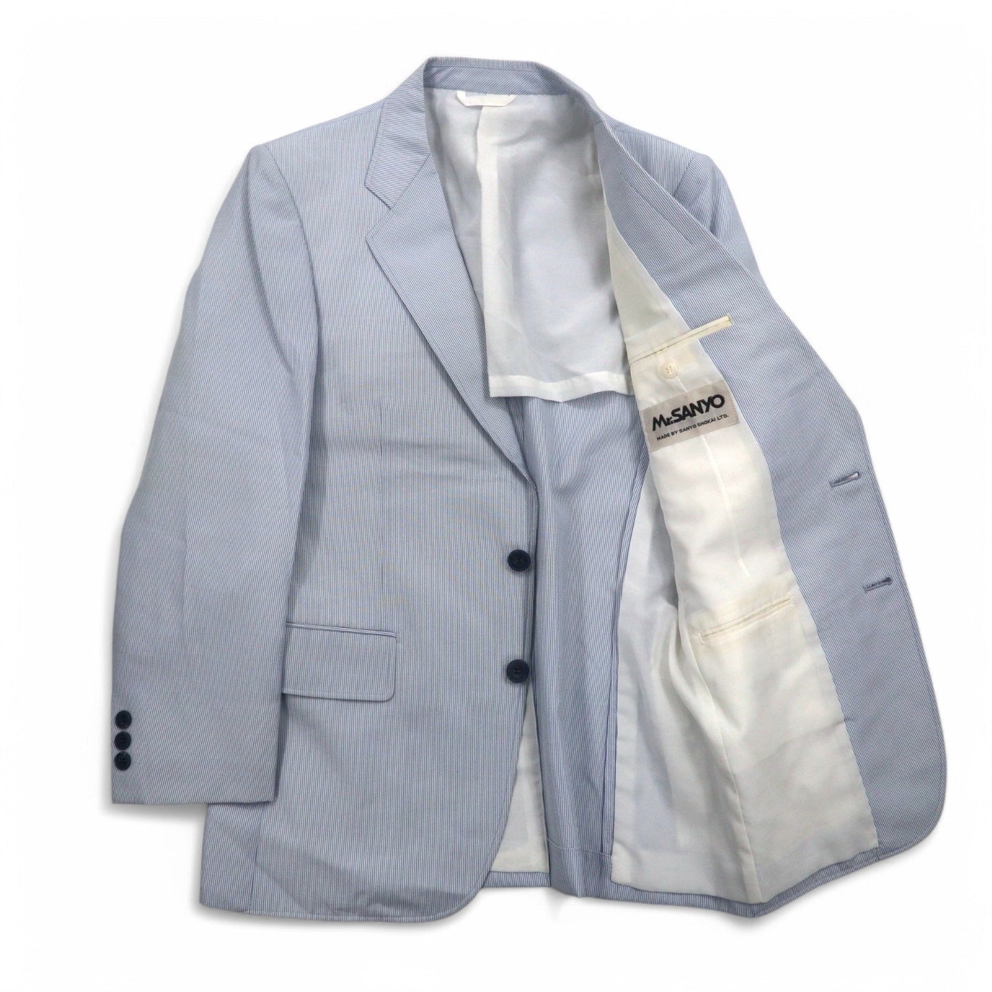 Vintage 90s Japan Made Traditional Suit Mr. SANYO シアサッカー 2B スーツ セットアップ S ブルー ストライプ ワイド