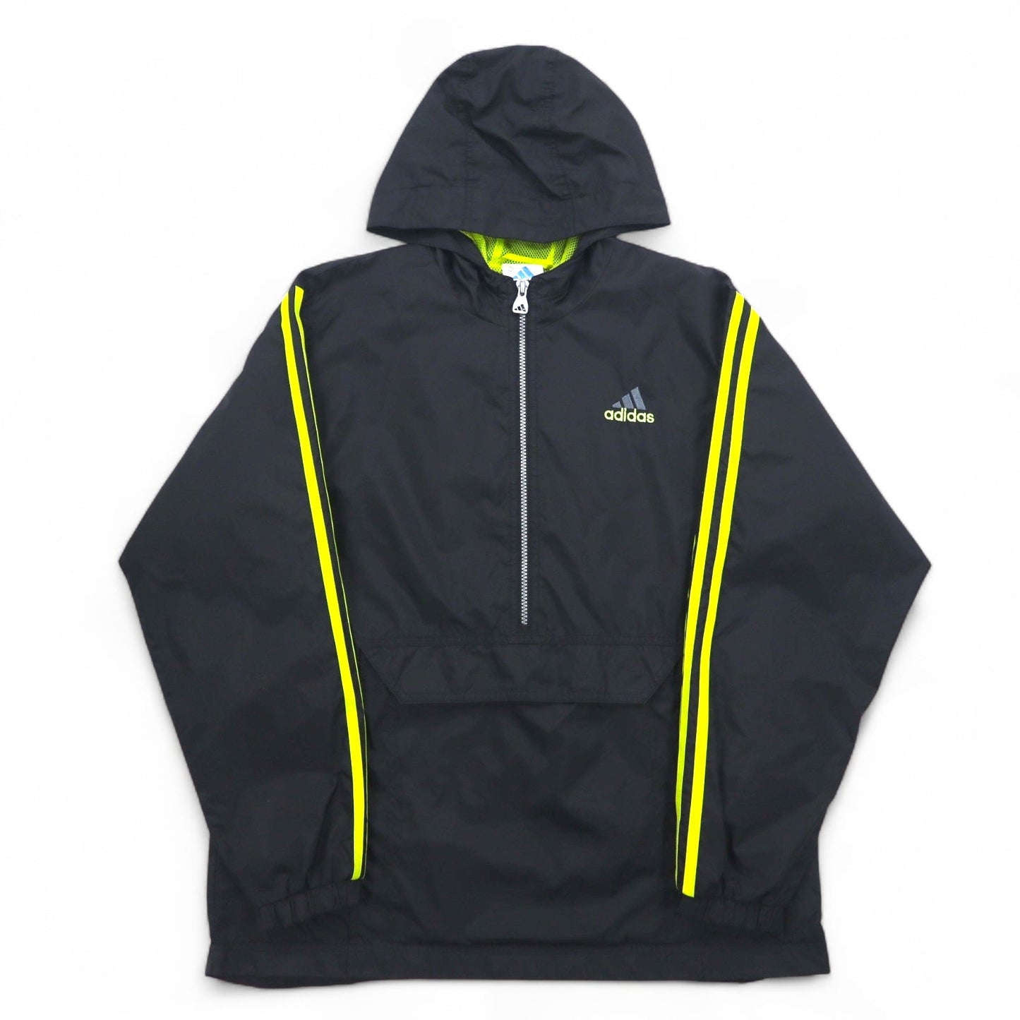 adidas 90年代 万国旗タグ ハーフジップ アノラックパーカー XL ブラック ナイロン メッシュライナー 3ストライプ