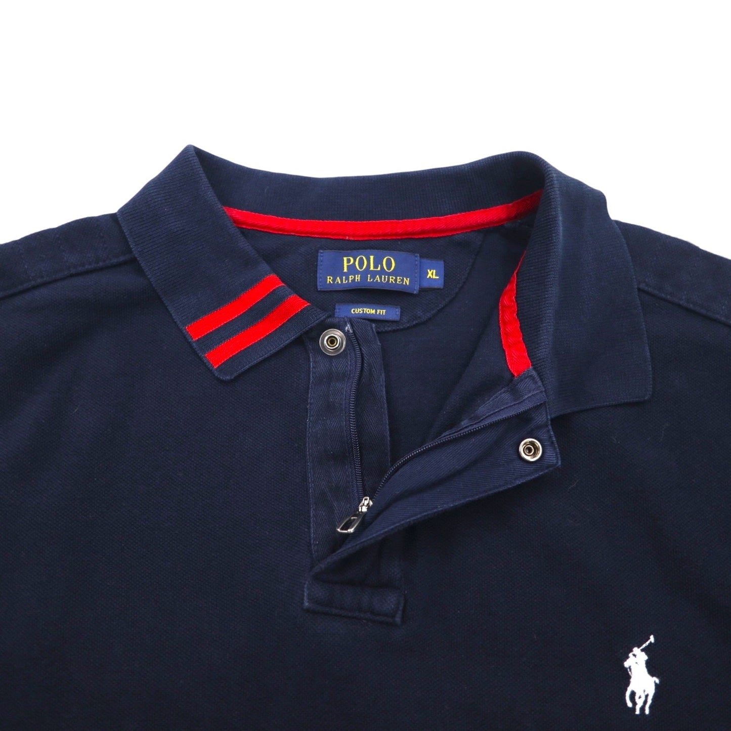 POLO RALPH LAUREN ポロシャツ XL ネイビー レッド コットン 鹿の子 ハーフジップ スナップボタン スモールポニー刺繍