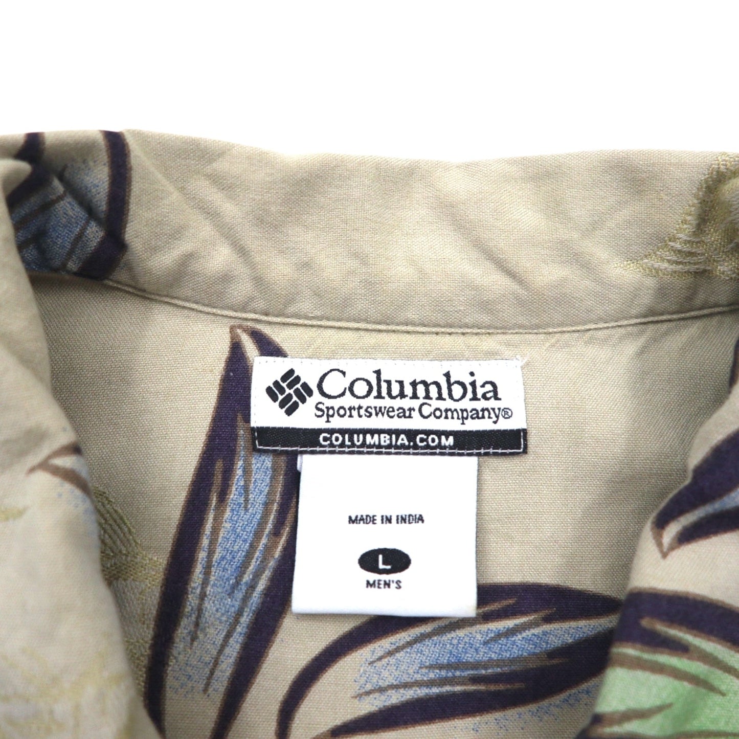 Columbia アロハシャツ 総柄 半袖シャツ L ベージュ ハイビスカス フィッシング 魚 FM7086