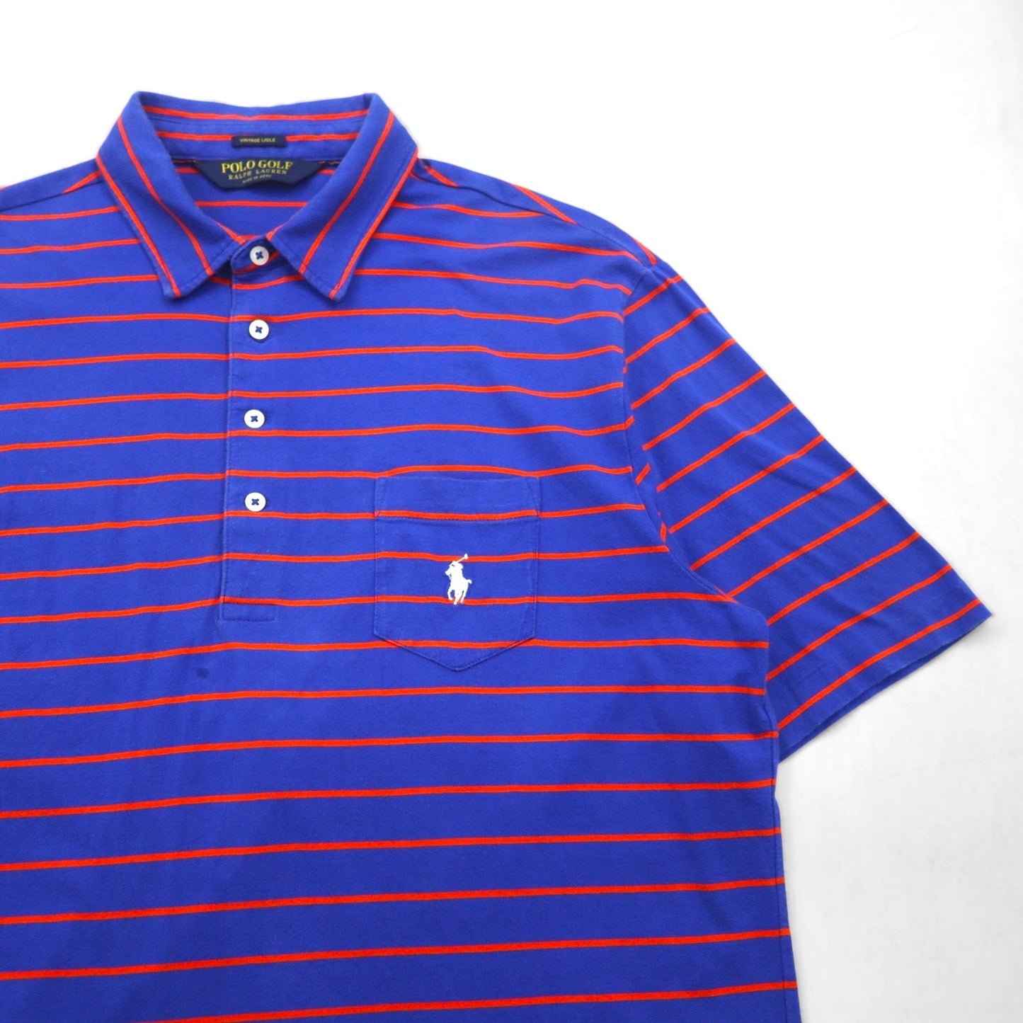 POLO GOLF RALPH LAUREN ピマコットン ボーダー ポロシャツ L ブルー オレンジ VINTAGE LISLE ポケット スモールポニー刺繍 ペルー製