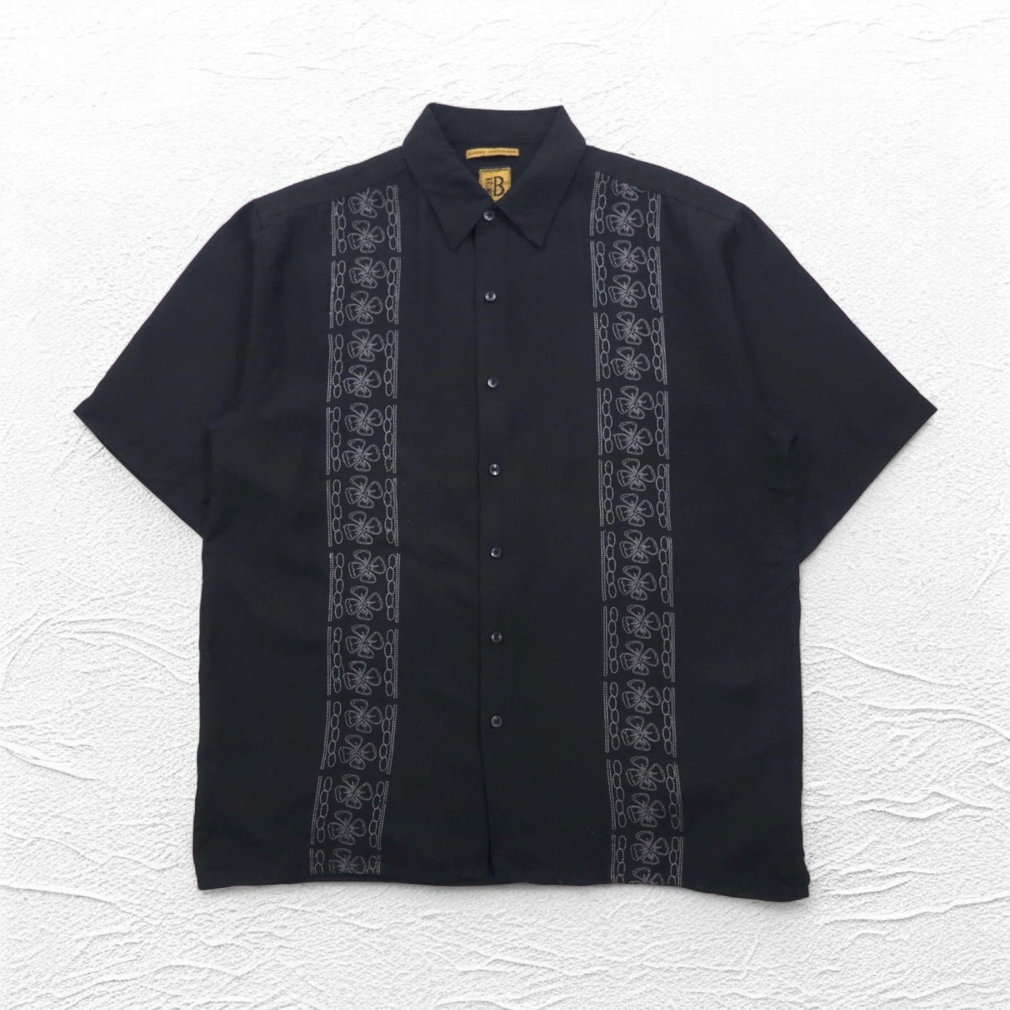 BRUNO 刺子 ビッグサイズ イタリア キューバシャツ XL ブラック ポリエステル 刺繍 スエード調