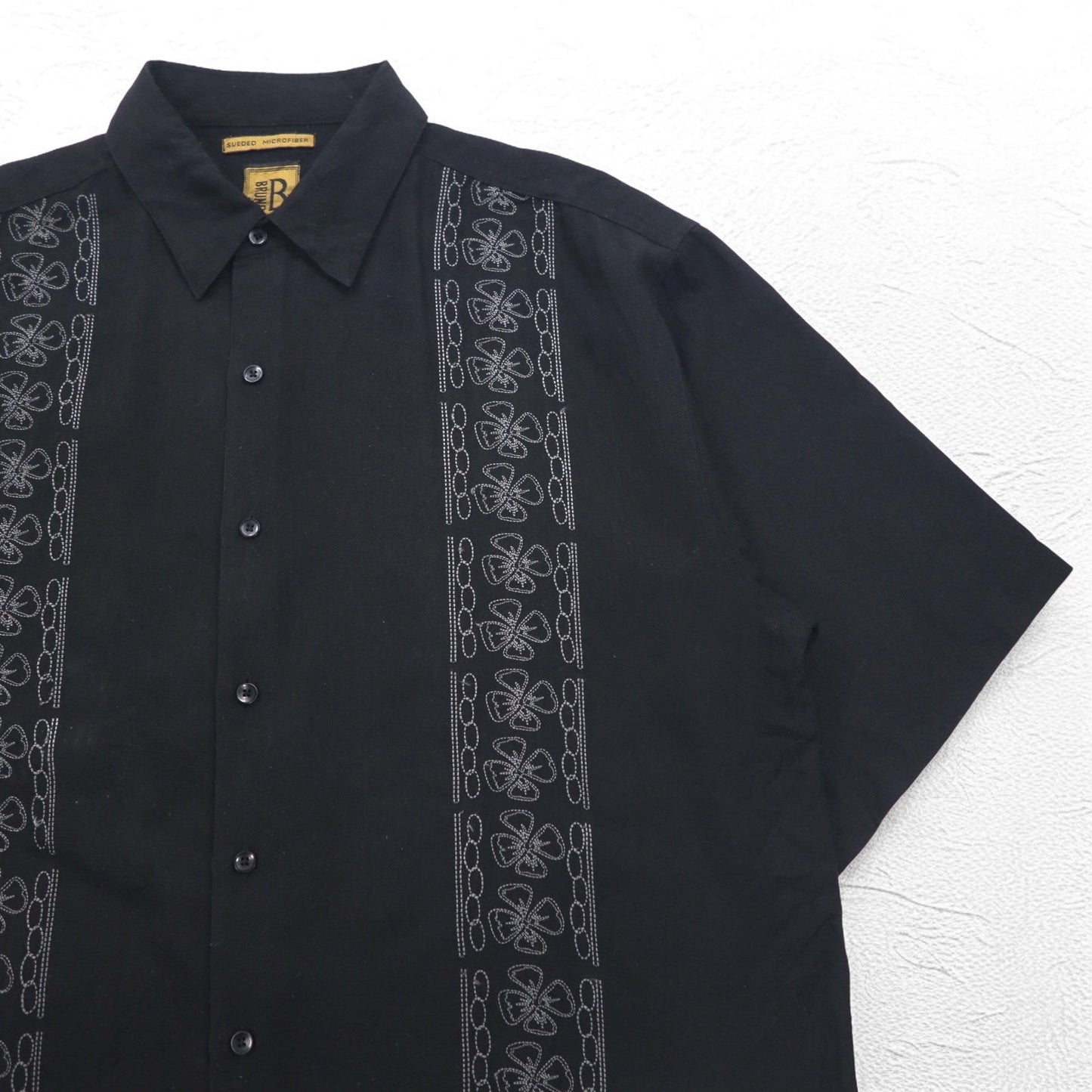 BRUNO 刺子 ビッグサイズ イタリア キューバシャツ XL ブラック ポリエステル 刺繍 スエード調