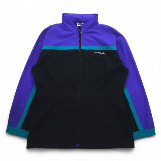 FILA 90年代 ナイロンジャケット L ブラック パープル ドローコード フード収納式 ダブルジップ