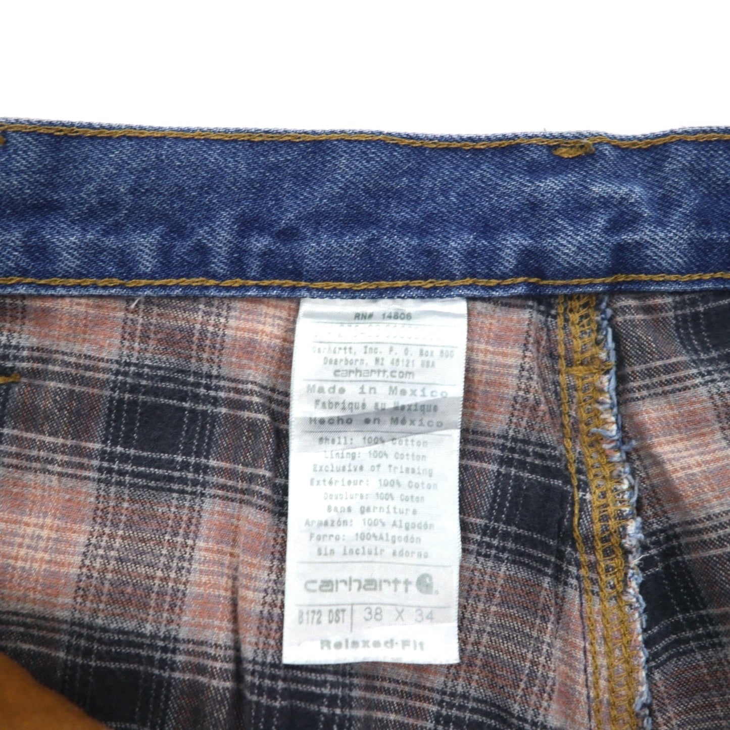 carhartt リラックスフィット ネルライナー デニムパンツ XL インディゴ ブルー 裏地 チェック B172 DST メキシコ製