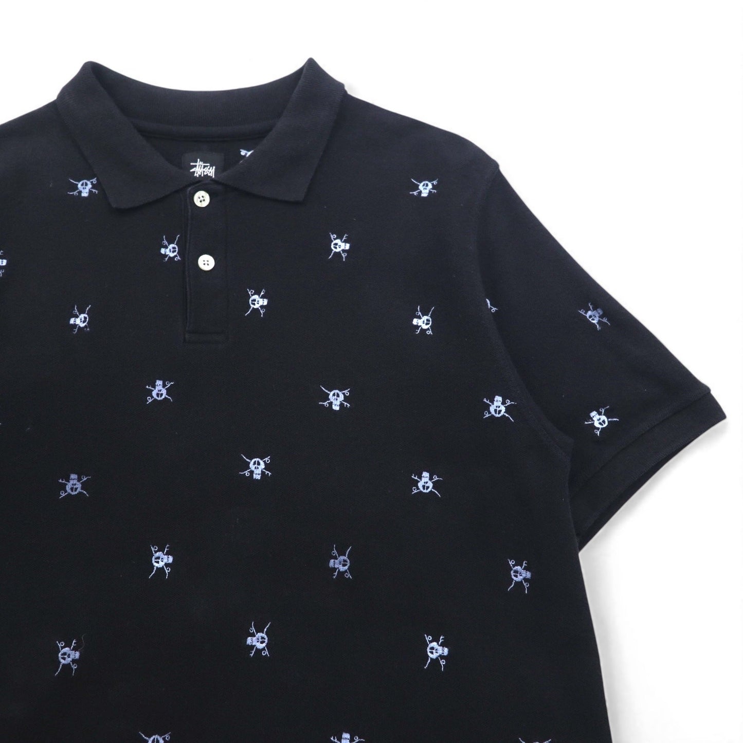 stussy スカル刺繍 ポロシャツ M ブラック コットン 鹿の子 総柄