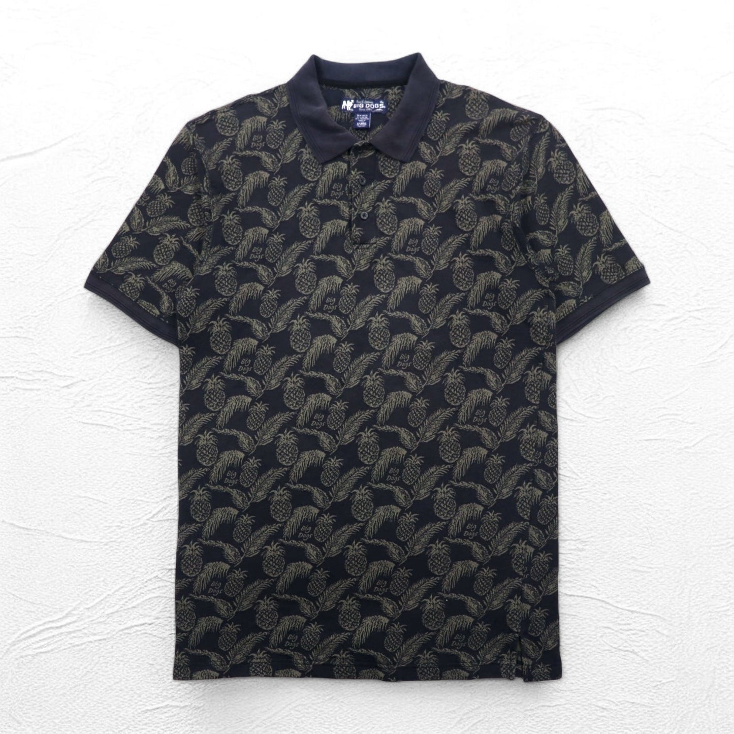 Vintage 90s Polo Shirt BIG DOGS 90年代 ポロシャツ XL ブラック 総柄 パイナップル ボタニカル ビッグサイズ
