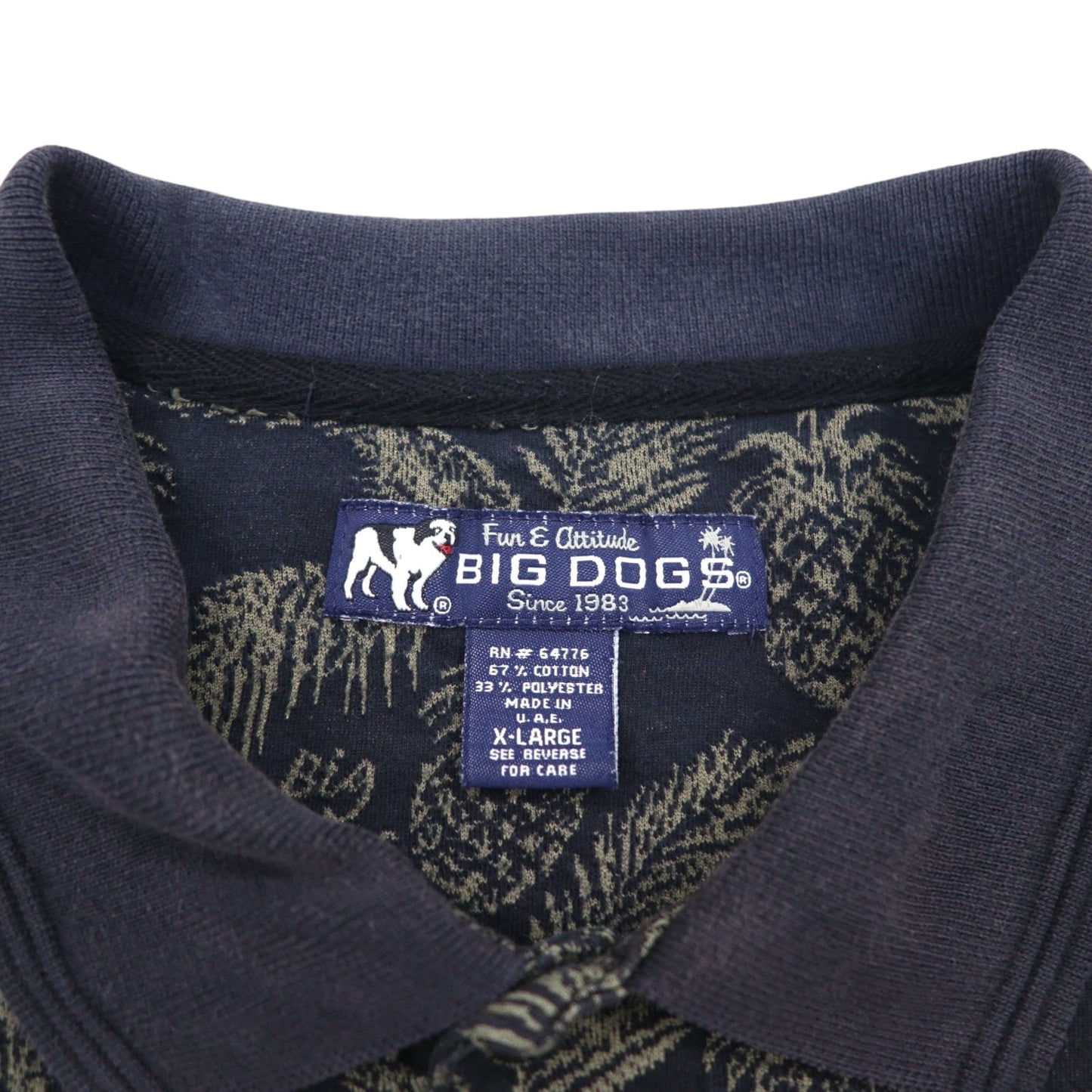 Vintage 90s Polo Shirt BIG DOGS 90年代 ポロシャツ XL ブラック 総柄 パイナップル ボタニカル ビッグサイズ