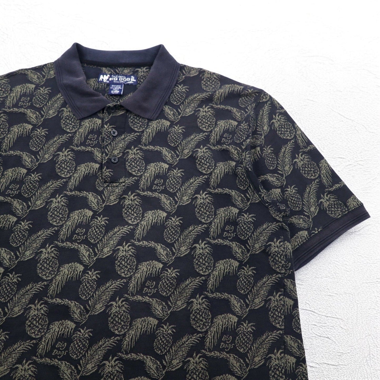 Vintage 90s Polo Shirt BIG DOGS 90年代 ポロシャツ XL ブラック 総柄 パイナップル ボタニカル ビッグサイズ