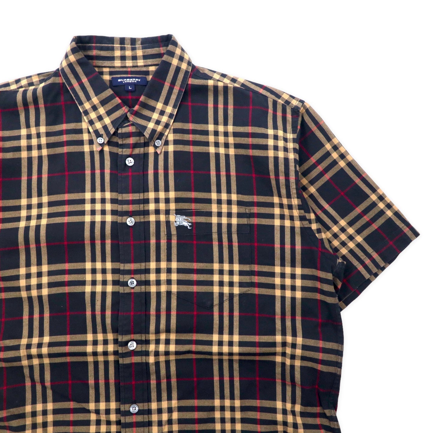 BURBERRY ノバチェック 半袖 ボタンダウンシャツ L ブラック コットン ワンポイントロゴ刺繍