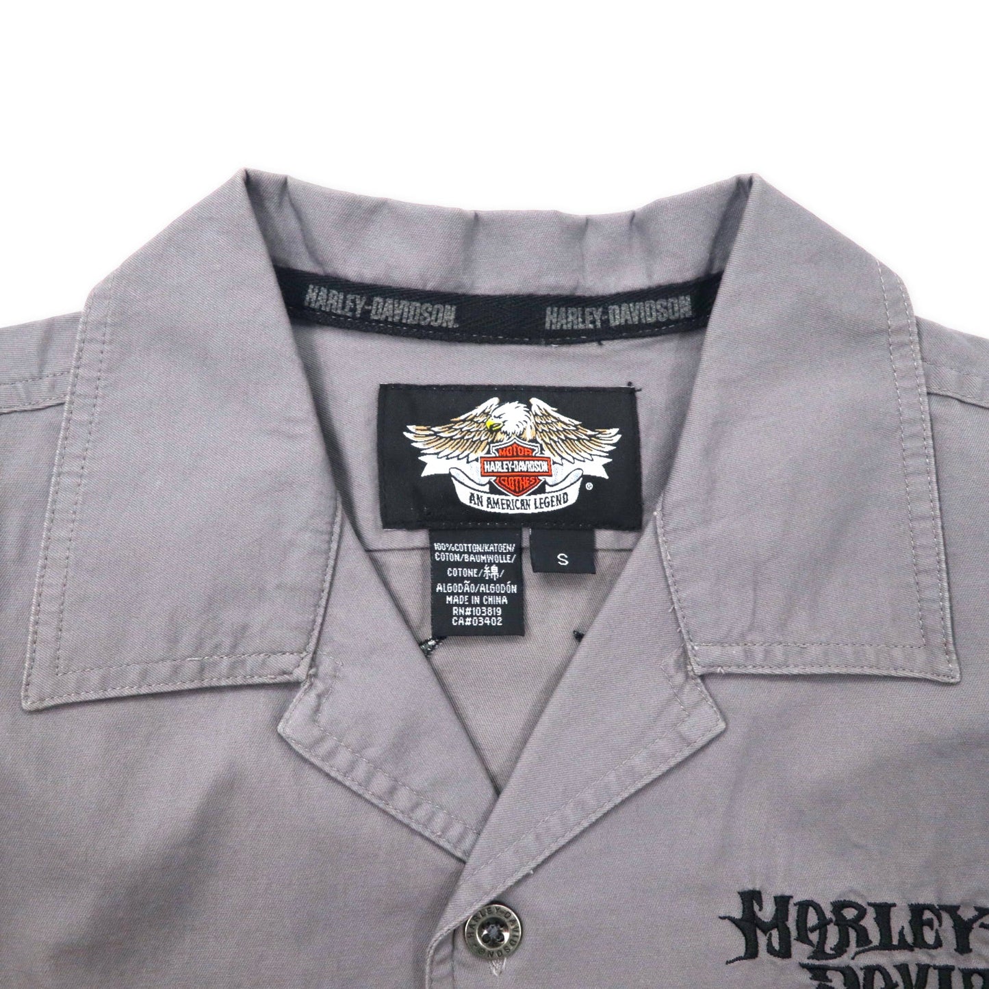 HARLEY DAVIDSON 半袖 オープンカラー ワークシャツ S グレー コットン バックロゴ刺繍