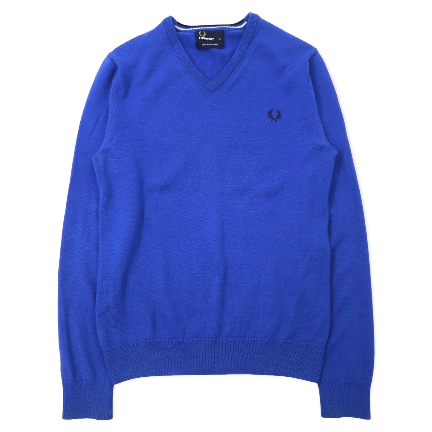 FRED PERRY Vネック メリノウール ニット セーター S ブルー ワンポイントロゴ刺繍 K8225