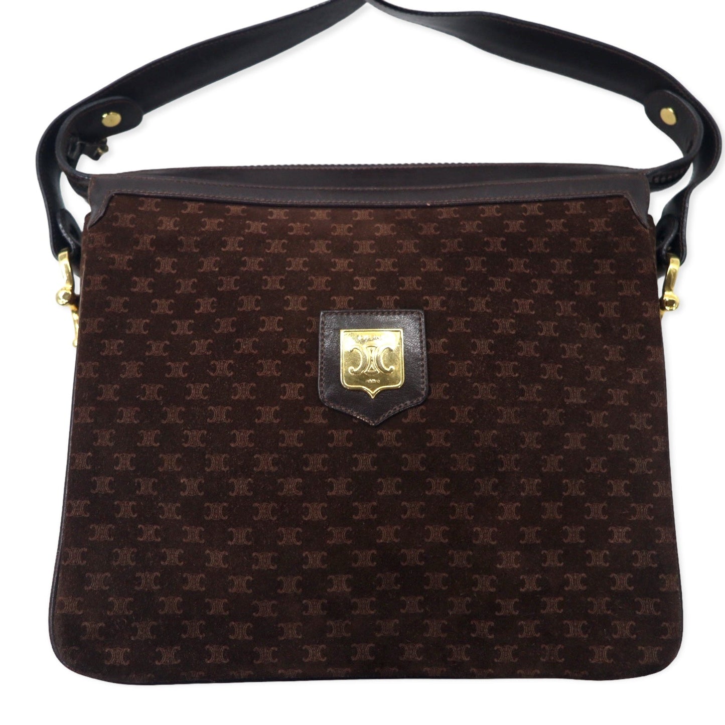 CELINE オールド マカダム ショルダーバッグ ブラウン スエードレザー トリオンフ ロゴプレート イタリア製