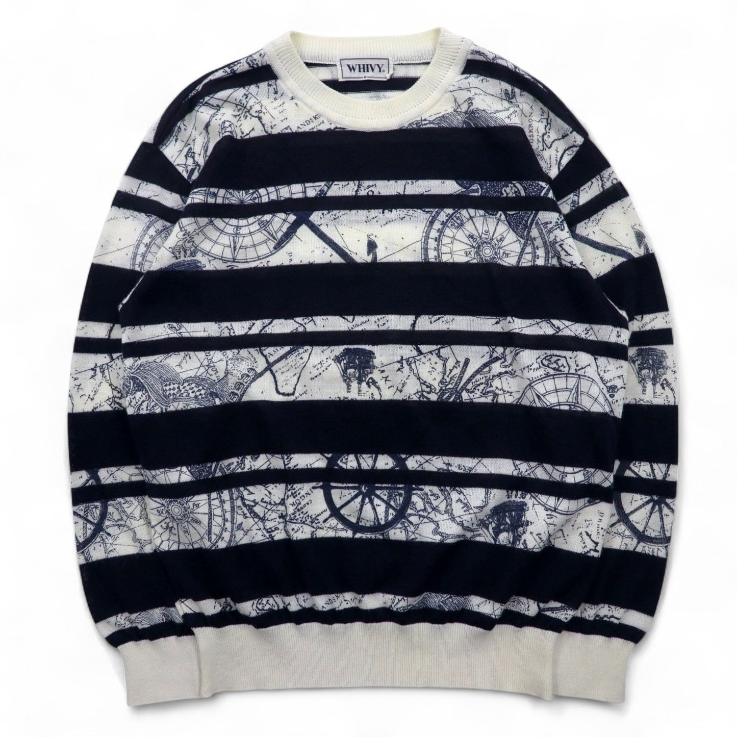 Vintage 90s Retro Striped Sweater WHIVY リネンニット セーター M ホワイト ボーダー 総柄 麻
